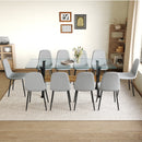 Table and chair set.79'x31.5' with X-shaped Black Metal Table Legs,Wood Grain Textured MDF Crossbeam.Paired With 10 Chairs Made Of Light Gray Lnen Fabric.Iron pipe spraying Legs.