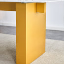 Table and chair set.Large modern rectangular table with 0.4 inch patterned glass tabletop and large MDF table legs.Comes with 8 chairs with faux leather cushioned seats and golden metal legs.