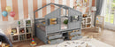 Full Size House Loft Bed with Roof, Windows,4 Storage Drawers,Pine Wooden Bed with Safety Guardrails,Ladder,Grey