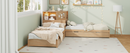 L-Shaped Combination Twin Bed with Trundle and Drawer,3-in-1 Low Corner Platform Bed Linked with Built-in Desk and Led Downlight, Natural