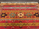 Unique Moroccan Rug 7x10, Room Sized Carpet, Red Orange Gray, Wool Oriental Striped Geometric Tribal Boho Rug, Flatweave with Raised Pile