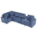 L-shaped Convertible Sofa Bed with Pull-Out Bed, Cup Holders, and Storage Space, Blue Chenille, 120.5'
