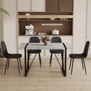 Table and chair set.A minimalist retro rectangular dining table with a specially textured top and black metal legs.Paired With 4 Mid-Century Style Upholstered Side Black PU Chairs,Spoon Shaped Chairs.