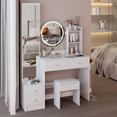 Full Body Mirror Cabinet + Round Mirror LED Vanity Table + Cushioned Stool, With 2 AC + 2 USB Power Station,17' diameter LED Mirror, Touch Control, 3-color, Brightness adjustable, Large Desktop