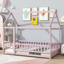 Twin Size House Floor Wooden Bed with Roof Frame,Safety Guardrails,Pink