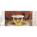 Table and chair set.Luxurious Snow Mountain White Slab Round Dining Table Set - 47'x47' with 4 Black PU Chairs with Simple Line Designs On The Backrest .Golden Metal Legs.
