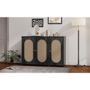 TREXM Retro 3-Door Sideboard with Large Storage Space Artificial Rattan Doors and Metal Handles, Accent Cabinet for Living Room and Hallway (Antique Black)