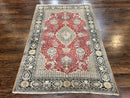Wonderful Persian Silk Rug 5x7, Birds Floral Vases, Red, Hand Knotted Silk Fine Oriental Carpet, Handmade Vintage, Persian Qum Rug, 400 KPSI