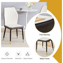 Black Marble Pattern Tempered Glass Dining Set - 71'x35.4' with 8 White and dark gray spliced PU Chairs With a Widened Backrest Design.