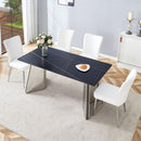 Table and chair set.63'x31.5x30' Black Marble-Patterned Slabs Tabletop with Stainless Steel Butterfly Legs.Paired with 4 white PU dining chairs with a vertical stripe design on the backrest.