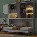 Twin Size Wall Murphy Bed with Top Cabinet, Shelves ,Space Saving Foldable Bed with Light & USB,White