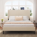 Modern Beige Queen Size Platform Bed with Metal Frame and Charging Station