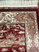 Turkish Silk Rug 2.6 x 6.7, Hunting Design, Short Runner Rug, Red & Ivory, Bamboo Silk, New