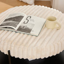 Modern Upholstered Round Ottoman Coffee Table with Storage Shelf and Black Metal Legs, Beige Faux Fur