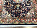 Indo Persian Rug 8x10, Midnight Blue & Red, Handmade Vintage Wool Carpet, Floral Medallion