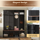 [Assembly Video Provided] Farmhouse Hall Tree with 4 Hidden Hanging Hooks, Versatile Walnut Seating Bench with 8 Doors, Entryway Shoe Cabinet with Open Compartments for Living Room, Black