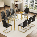 Table and chair set.71 * 35.4 inch rectangular dining table.Tempered Glass Tabletop,Golden 7-shaped Metal Table Legs.Paried With 8 Black High-quality PU Chairs With Arched Metal Legs.W1151S03301