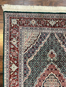 Sino Persian Rug 4x6, Wool with Silk Highlights, Fine Hand Knotted Carpet, Green & Maroon Red, Herati Medallion, Vintage Rug