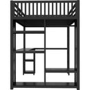 Full XL Size Loft Bed Frame with Built-in Wardrobe, Metal Loft Bed with Desk and Storage Shelves, Black