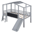 Loft House Bed With Ladder And Slide, With board And Light Strip On The Roof