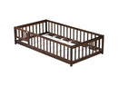 Twin Size Floor Bed with Fence and Door,Rubber Wood Floor Bed with Safety Guardrails,Espresso