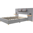 Queen Upholstered Platform Bed, Two Outlets and USB Charging Ports on Both Sides, Two Bedside Pillows, Storage Shelves, Velvet,Gray