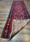 Persian Heriz Karajeh Runner Rug 3.7 x 12, Geometric Medallions, Red and Navy Blue