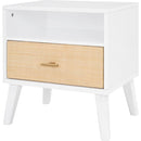 Queen Size Solid Wood Bed Frame with 2 Nightstands, Elegant Design with Lamps, Rattan and Wood Combination,White