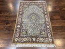 Silk Persian Qum Rug 4x5, Hand Knotted Vintage Carpet, Cream & Navy Blue, Silk Pile on Silk Foundation, Very Fine 360 KPSI