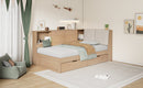 Wooden Twin Size L-shaped Daybed Corner Bed Under-bed Drawers  with Storage Bookcase and Upholstered Headboard and USB Charging Ports for Limited Space,Natural