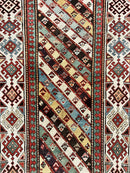 Caucasian Kazak Runner Rug 3.6 x 8, Wool Hand Knotted Antique 1880s Carpet, Ivory & Multicolor Stripes Oriental Runner Rug, Hallway Rug