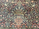 Silk Indian Kashmiri Rug 4x6, Tree of Life Pattern, Birds, Fine 290 KPSI, Navy Blue and Red, Handmade Oriental Carpet