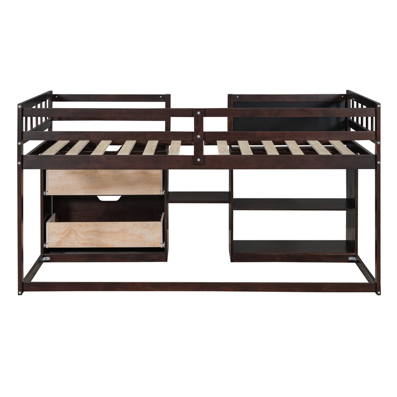 Twin Size Low Loft Bed with Rolling Desk, Shelf and Drawers - Espresso