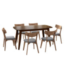 7-Piece Mid-Century Dining Set with Walnut Finished Frame, Upholstered Dining Chairs ,Dark Grey & Wood Dining Table