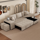Modern L-Shape 3 Seat Reversible Sectional Couch with Pull Out Sleeper, Storage Chaise & 2 Stools, Cream, Linen Chenille