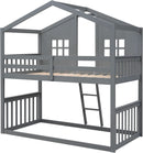 Gray Twin Over Twin House Bunk Bed With Roof For Kids