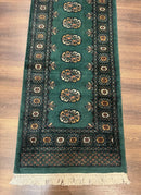 Pakistani Bokhara Runner Rug 2.5 x 11, Green Turkoman Wool Runner for Hallway