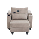 Convertible Chaise Lounge Sofa Chair with USB Ports, Cup Holders, Phone Holder, Storage, Brown Corduroy, 37.4'