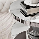 Luxury Double-Tier Round Mirror Coffee & End Table with Fluted Glass - Modern Sofa Side Table, Silver, MDF+Glass, 31.5' Diameter