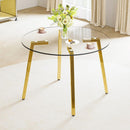 Modern minimalist style circular transparent tempered glass table, tempered glass tabletop, golden metal legs, suitable for kitchen, dining room, and living room, 42 "x 42" x 29.5 "1123r