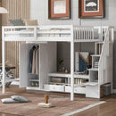 Full Size Loft Bed Frame with Wardrobe,Low Storage Table and Storage Staircase,White/Gray(Expected Arrival Time:10.20)