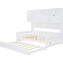 Full Size Wooden Daybed With Twin Size Trundle, and All-in-One Cabinet and Shelf, White