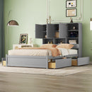 Queen Size Platform Bed with Storage Headboard and 4 Drawers, Gray