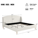 King Size Upholstered Platform Bed Boucle Fabric and Wingback Headboard, Rounded Corners, White