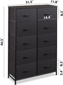 Tall Black Dresser With 10 Drawers And Fabric Bins Storage Organizer
