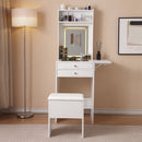 Vanity Desk with Lighted Mirror, Makeup Vanity Desk with Drawers and Storage Cabinet  for Bedroom, Glass Desktop, 3 Lighting Modes Adjustable Brightness, Storage Stool, White