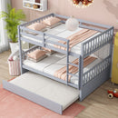 Full Over Full Rubber Wood Bunk Bed with Trundle, Ladder and Guardrails, Convertible to 2 Full Size Beds, with Twin Size Trundle,Light Grey