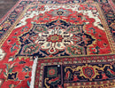 Persian Heriz Serapi Rug 8 x 10.6, Geometric Medallion, Great Colors, Rare, Red Navy Blue Ivory