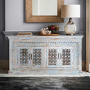 Antique Distressed Blue Lattice Carved 4 Door Mango Wood Buffet