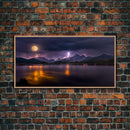 Full moon canvas print, Lightning storm over a mountain lake at night, cool wall art, awesome wall art